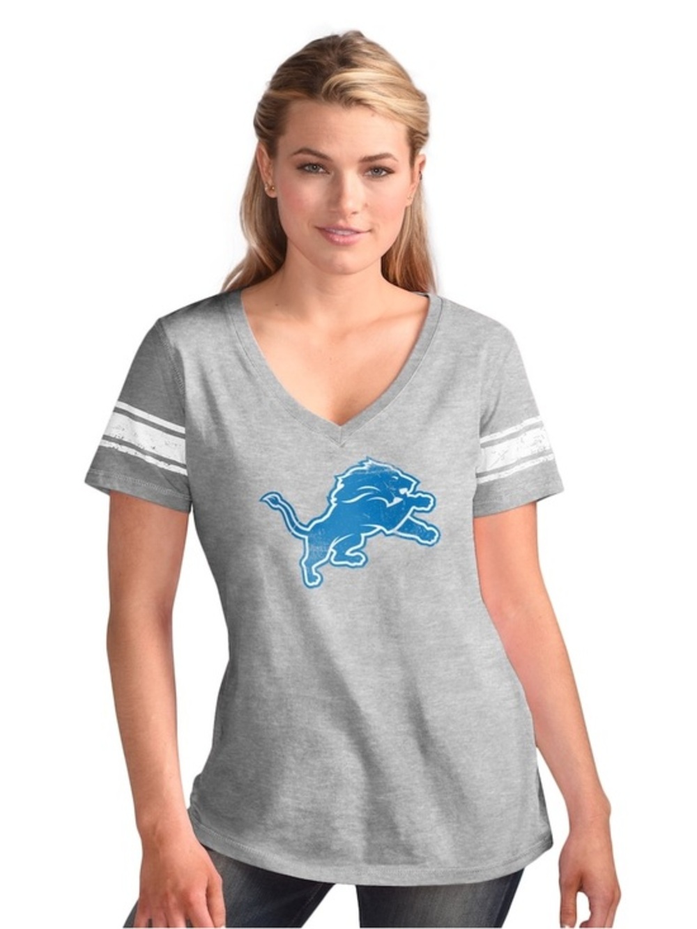 Women's G-III 4Her Heather Gray Detroit Lions Distressed V-Neck T-Shirt XXL